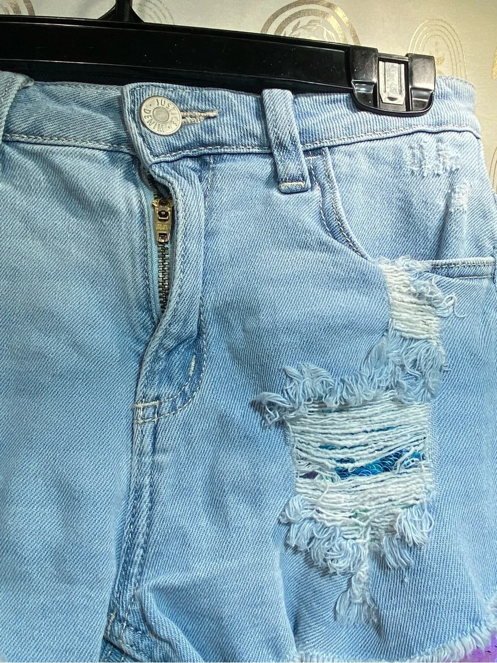 Justice Light Wash Denim Shorts with Purple Sequin Inset
